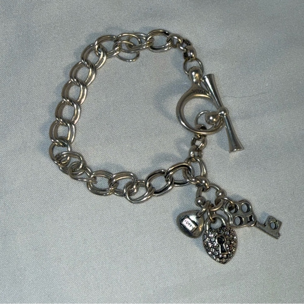 Vintage Fossil Padlock & Key Heart Charm Bracelet, Rhinestone Silver Tone 7”